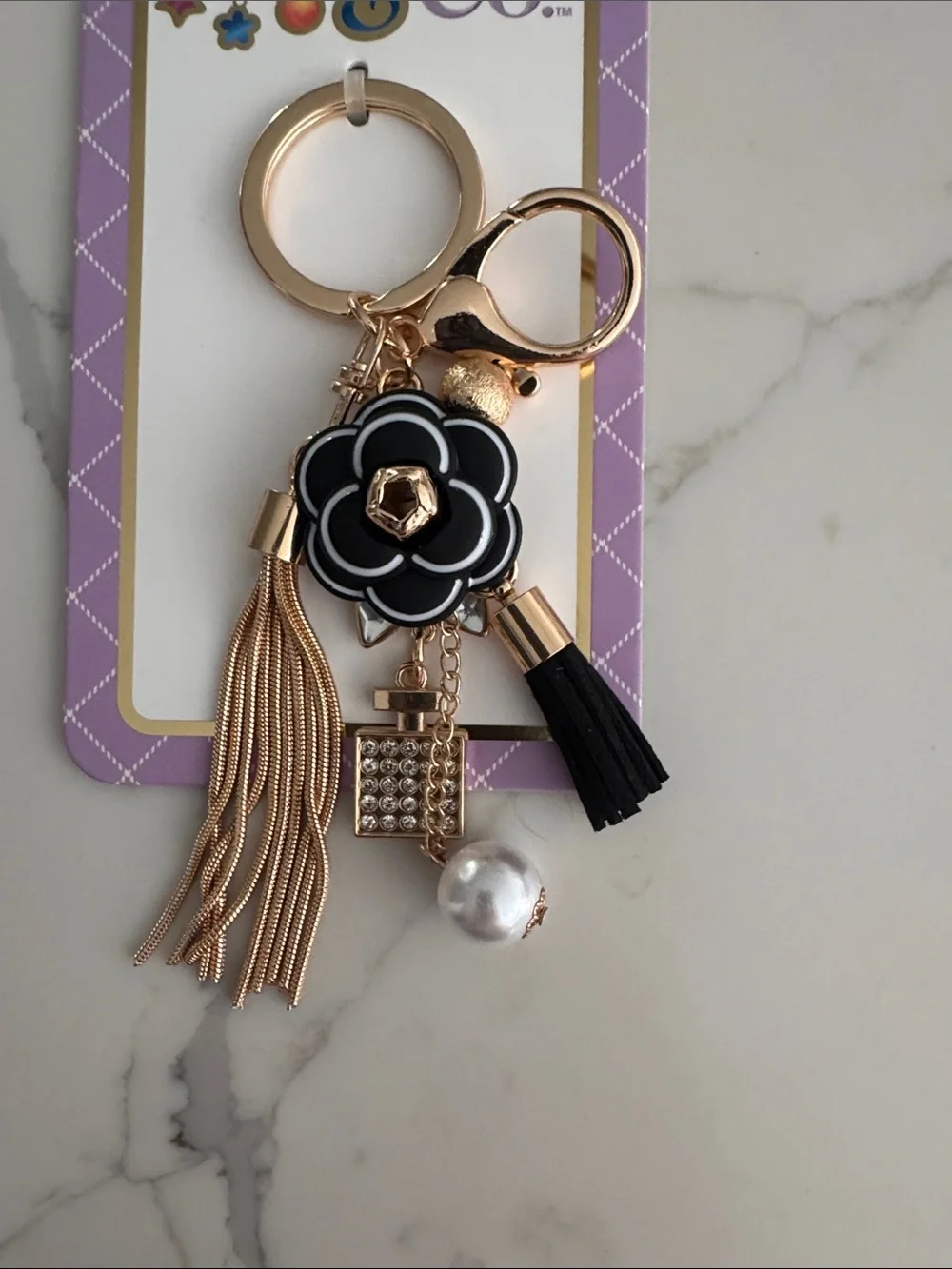 Gold-Tone Black Flower Tassel Keychain with Pearl Charm